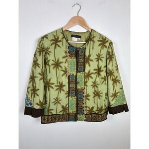 Vintage Nancy Bolen City Girl Women's Silk Jacket Tropical Rhinestone Green Sz L